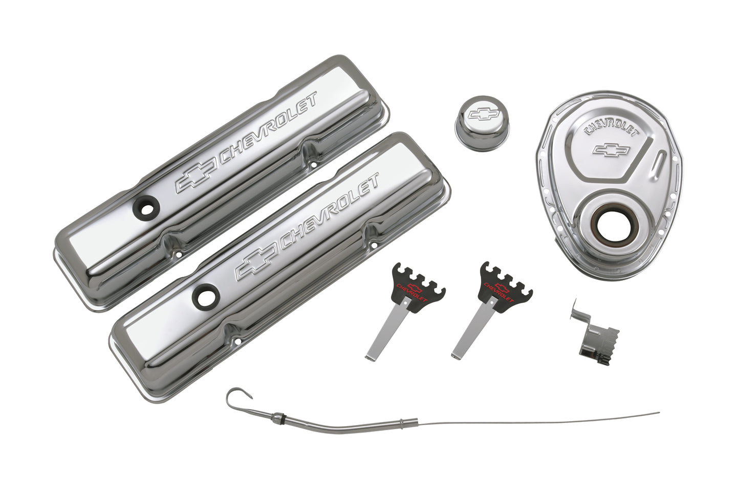 Engine Dress-Up Kit Chrome with Stamped Chevy Logo Fits SB Block Chevy Engines Stock Chrome No Valve Cover Faster Title Chevrolet Performance Parts Engine Dress Up Kit ProForm