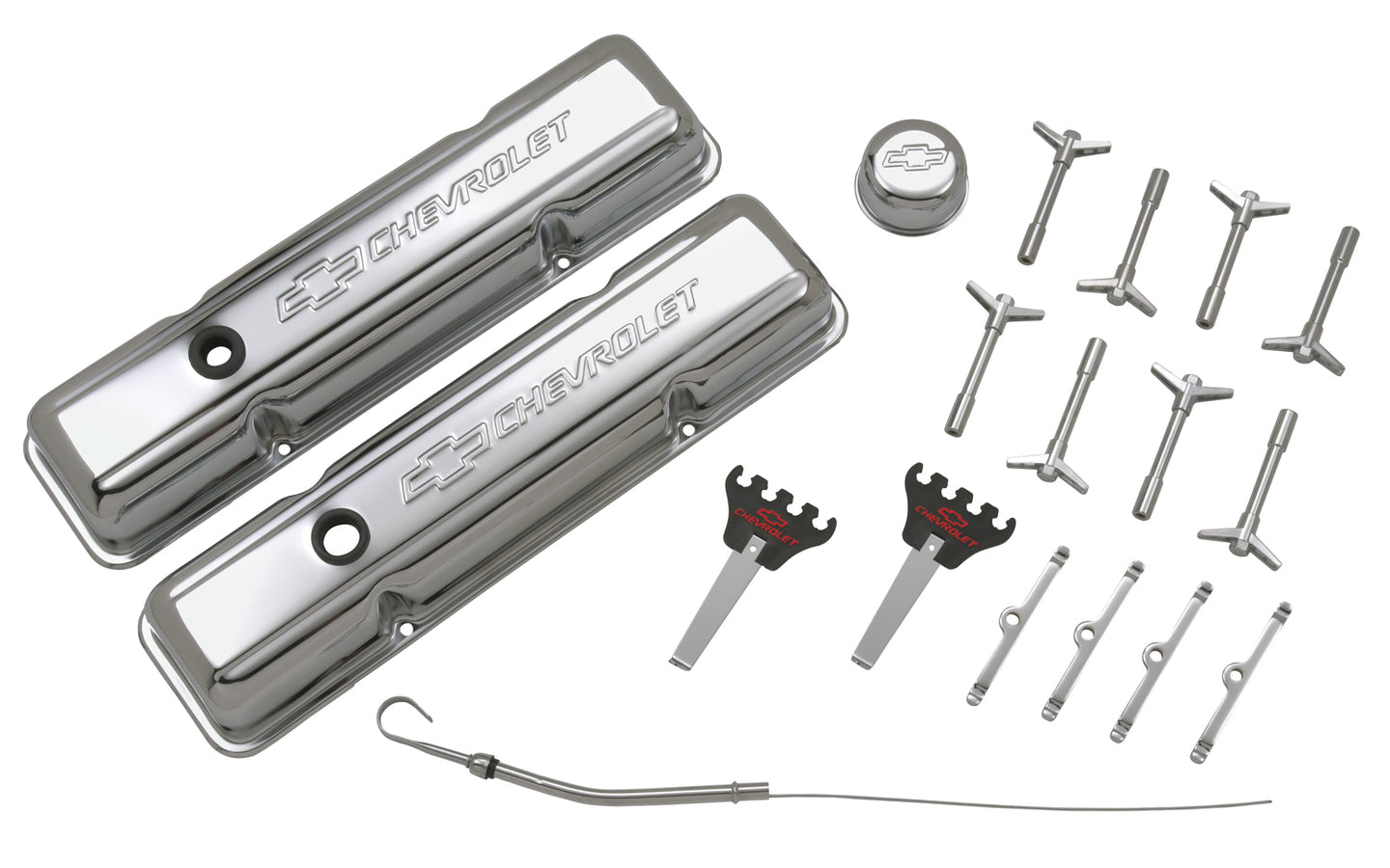 Engine Dress-Up Kit Chrome with Stamped Chevy Logo Fits SB Block Chevy Engines Stock Chrome Chevrolet Performance Parts Engine Dress Up Kit ProForm