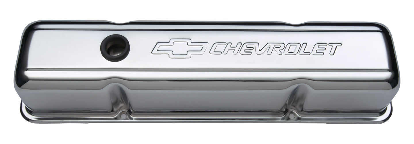 Engine Valve Covers Stamped Steel Tall Chrome No Baffle w/ Bowtie Logo Fits SB Chevy Embossed Chevrolet & Bowtie Logos Chevrolet Performance Parts Engine Valve Cover ProForm