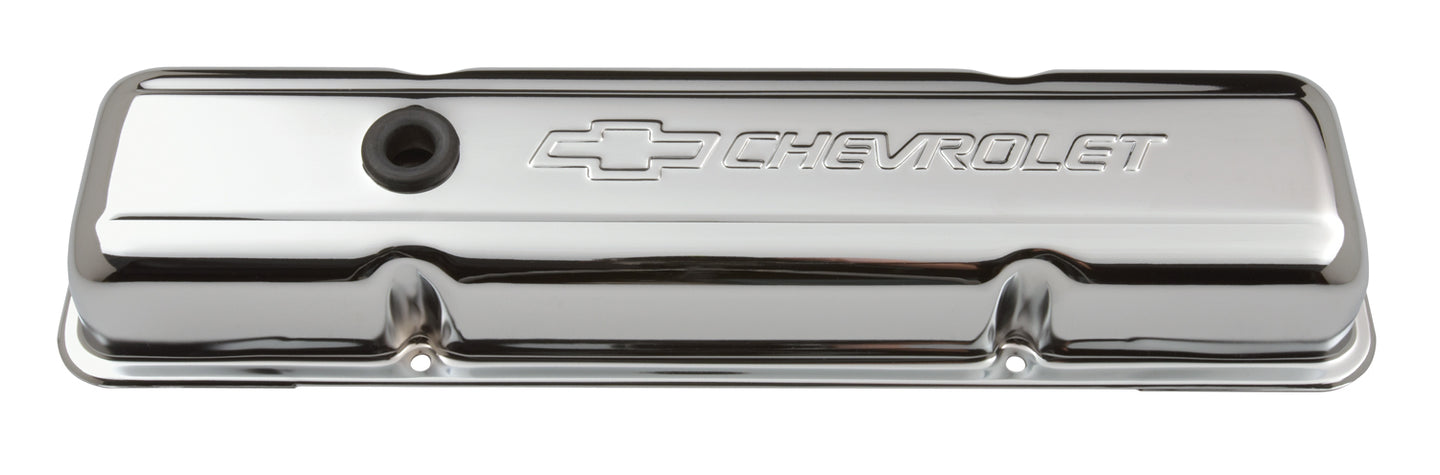 Engine Valve Covers Stamped Steel Short Chrome w/ Bowtie Logo Fits SB Chevy Embossed Chevrolet & Bowtie Logos Chevrolet Performance Parts Engine Valve Cover ProForm