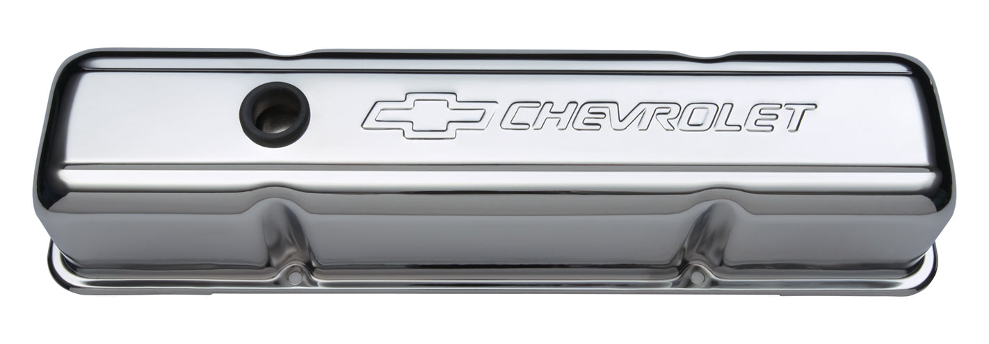 Engine Valve Covers Stamped Steel Tall Chrome With Baffle Bowtie Logo Fits SB Chevy Embossed Chevrolet & Bowtie Logos Chevrolet Performance Parts Engine Valve Cover ProForm