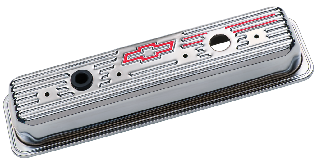 Engine Valve Covers Center Bolt Style Steel Chrome Tall w/Bowtie Logo SB Chevy Embossed Red Bowtie Logo Chevrolet Performance Parts Engine Valve Cover ProForm