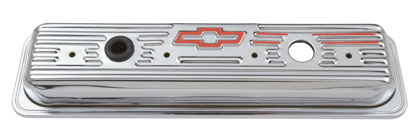 Engine Valve Covers Center Bolt Style Steel Chrome Short With Baffle Bowtie Logo SB Chevy Embossed Red Bowtie Logo Chevrolet Performance Parts Engine Valve Cover ProForm