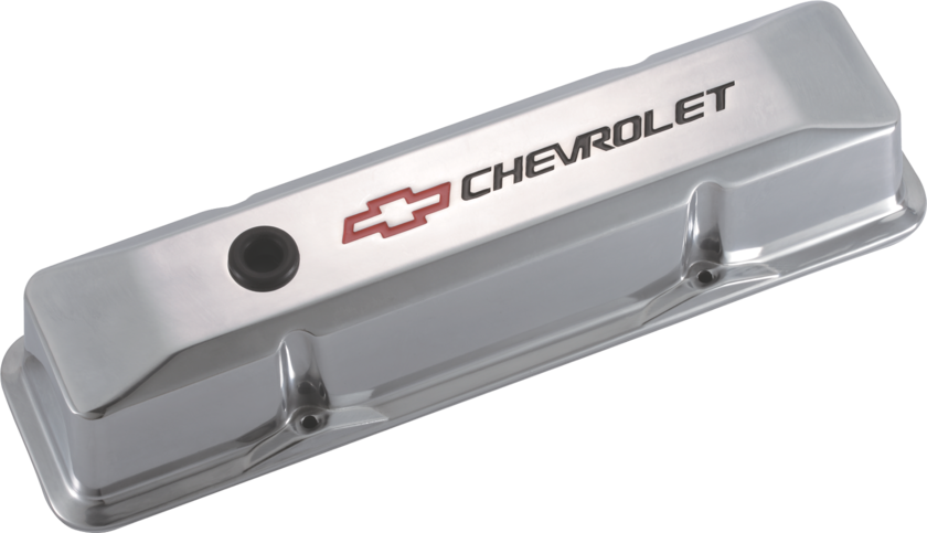 Engine Valve Covers Tall Style Die Cast Polished with Bowtie Logo SB Chevy Recessed Black Chevrolet & Red Bowtie Logos Chevrolet Performance Parts Engine Valve Cover ProForm