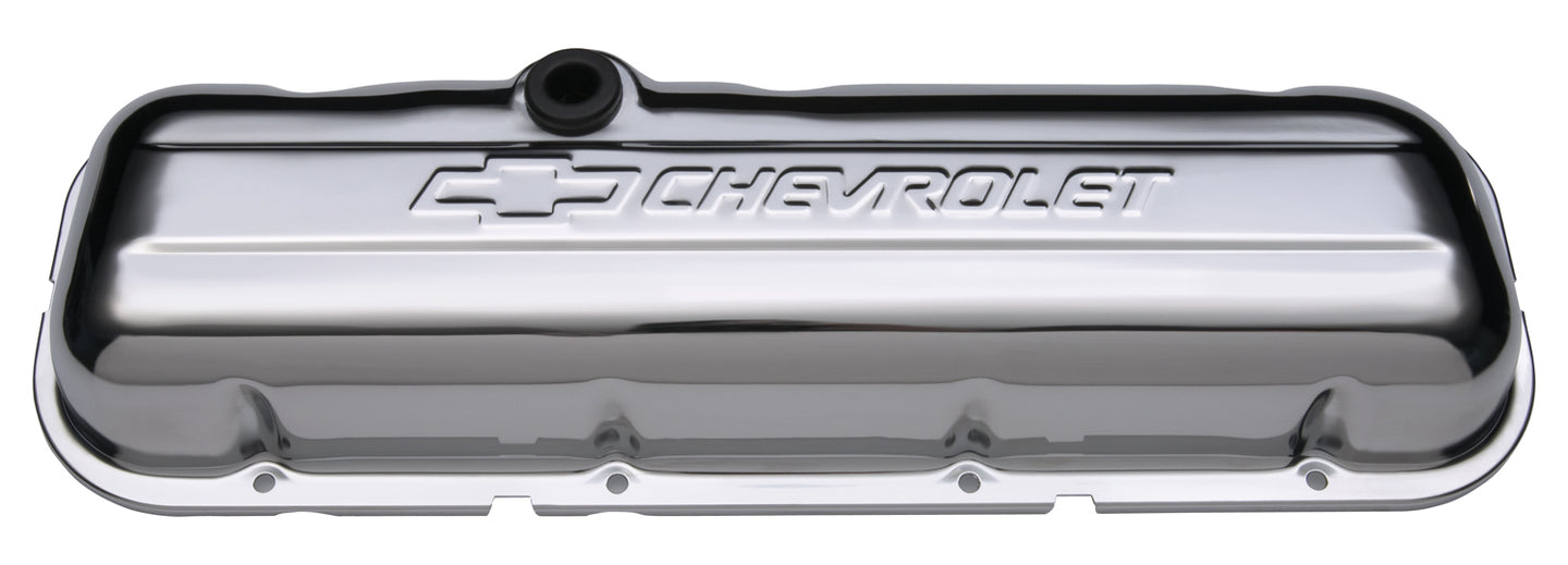 Engine Valve Covers Stamped Steel Short Chrome w/ Bowtie Logo Fits BB Chevy Embossed Chevrolet & Bowtie Logos Chevrolet Performance Parts Engine Valve Cover ProForm