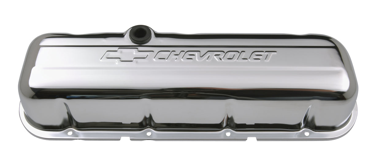 Engine Valve Covers Stamped Steel Tall Chrome w/ Bowtie Logo Fits BB Chevy Embossed Chevrolet & Bowtie Logos Chevrolet Performance Parts Engine Valve Cover ProForm