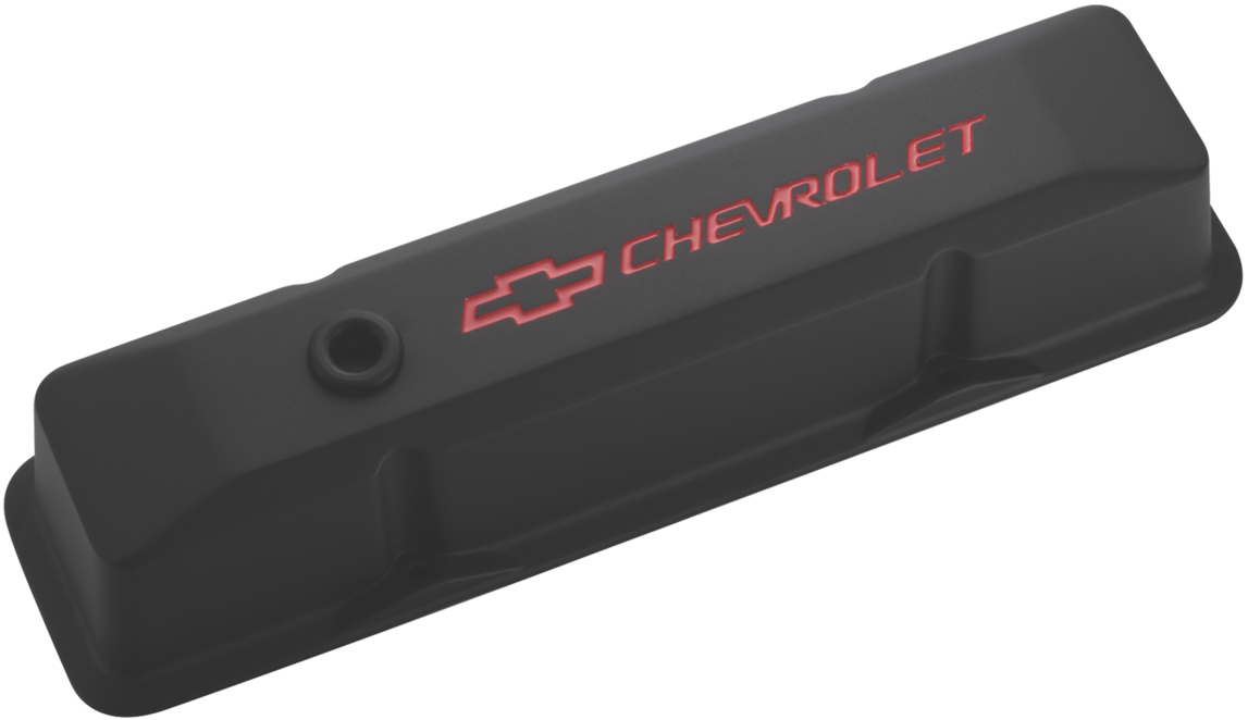 Engine Valve Covers Tall Style Die Cast Black with Bowtie Logo Fits SB Chevy Recessed Red Chevrolet & Bowtie Logos Chevrolet Performance Parts Engine Valve Cover ProForm