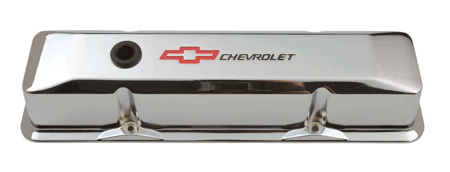 Engine Valve Covers Tall Style Die Cast Chrome with Bowtie Logo For SB Chevy Recessed Black Chevrolet & Red Bowtie Logos Chevrolet Performance Parts Engine Valve Cover ProForm