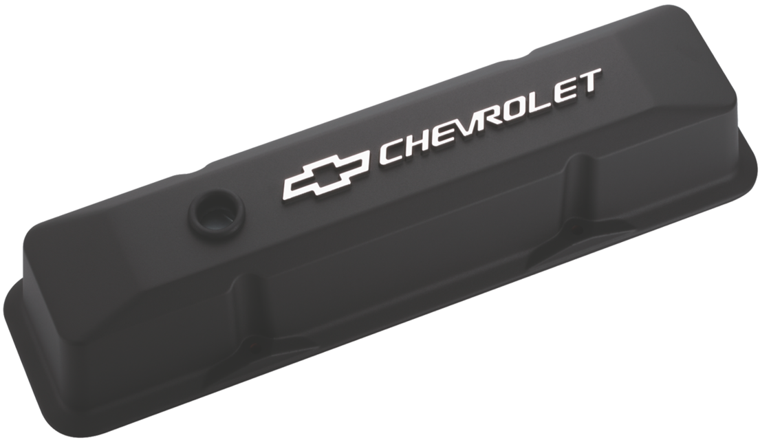 Chevrolet & Bowtie Emblem Die-Cast Valve Covers Raised Emblem Black Crinkle Raised Chevrolet & Bowtie Logos Chevrolet Performance Parts Engine Valve Cover ProForm