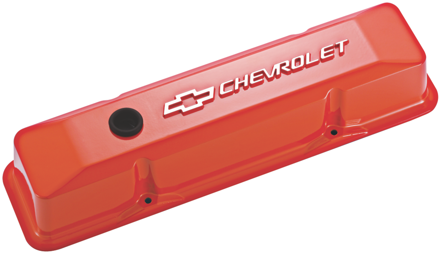 Chevrolet & Bowtie Emblem Die-Cast Valve Covers Raised Emblem Orange Raised Chevrolet & Bowtie Logos Chevrolet Performance Parts Engine Valve Cover ProForm
