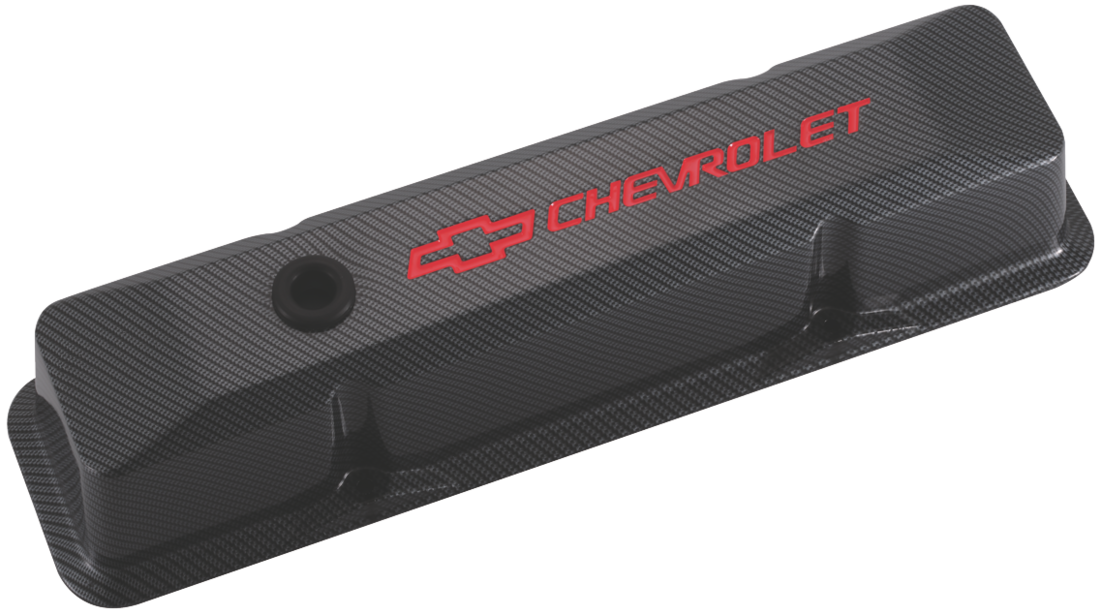 Chevrolet & Bowtie Emblem Die-Cast Valve Covers Recessed Red Carbon Style Recessed Red Chevrolet & Bowtie Logos Chevrolet Performance Parts Engine Valve Cover ProForm