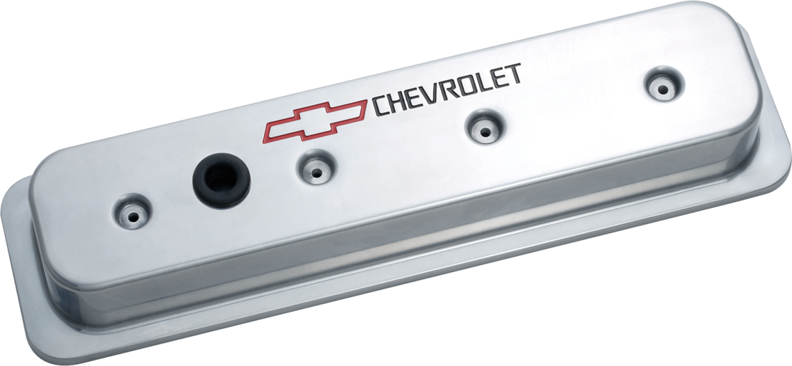 Engine Valve Covers Center Bolt Style Die Cast Polish w/Bowtie Logo SB Chevy Recessed Black Chevrolet & Red Bowtie Logos Chevrolet Performance Parts Engine Valve Cover ProForm