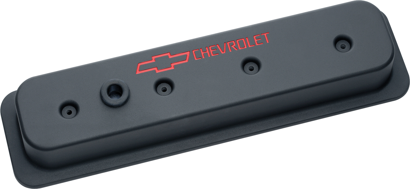 Engine Valve Covers Center Bolt Style Die Cast Black w/ Bowtie Logo SB Chevy Recessed Red Chevrolet & Bowtie Logos Chevrolet Performance Parts Engine Valve Cover ProForm