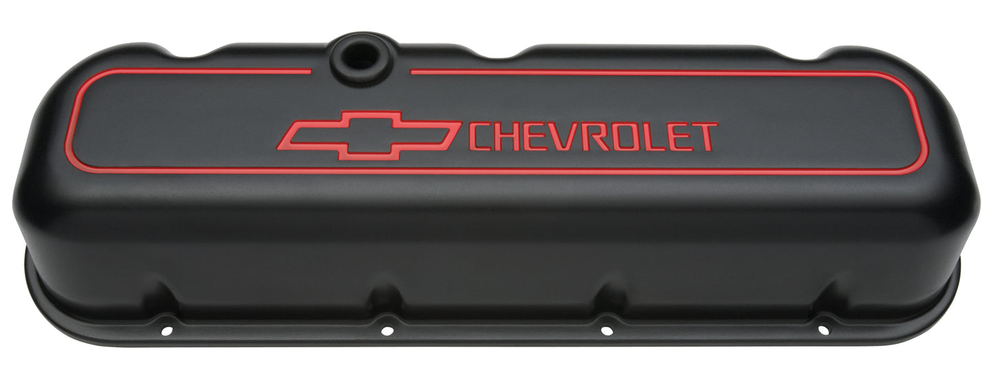 Engine Valve Covers Tall Style Die Cast Black with Bowtie Logo BB Chevy Recessed Red Chevrolet & Bowtie Logos Chevrolet Performance Parts Engine Valve Cover ProForm