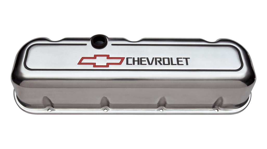 Engine Valve Covers Tall Style Die Cast Polished with Bowtie Logo BB Chevy Recessed Black Chevrolet & Red Bowtie Logos Chevrolet Performance Parts Engine Valve Cover ProForm