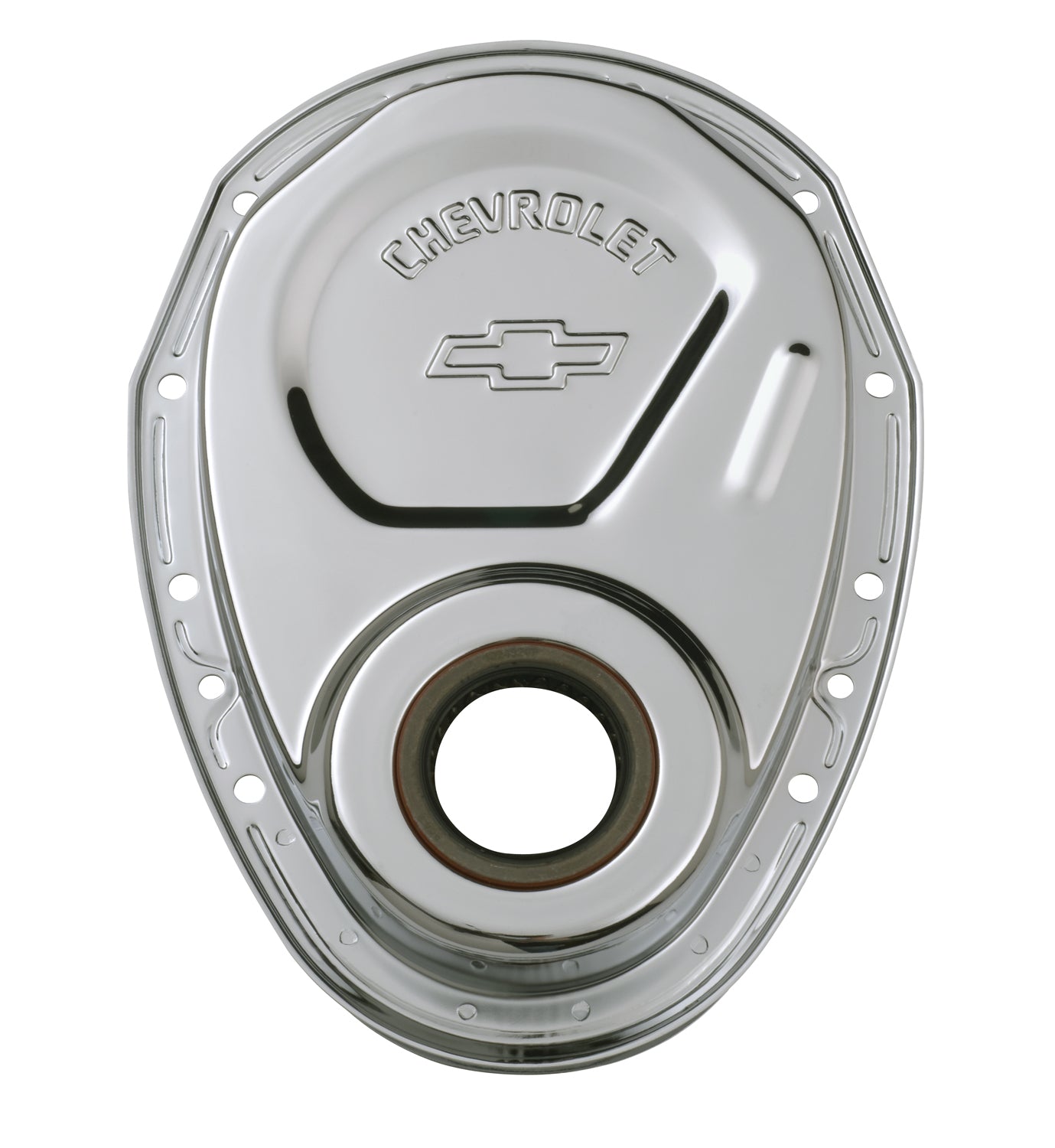 Timing Chain Cover Chrome Steel With Chevy and Bowtie Logo SB Chevy 69-91 Chevrolet Performance Parts Engine Timing Cover ProForm
