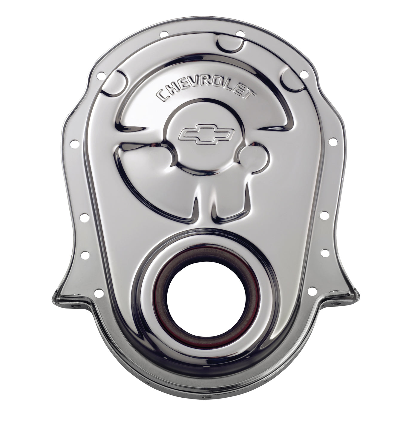 Engine Timing Chain Cover Chrome Steel w/ Chevy and Bowtie Logo For BB Chevy Chevrolet Performance Parts Engine Timing Cover ProForm