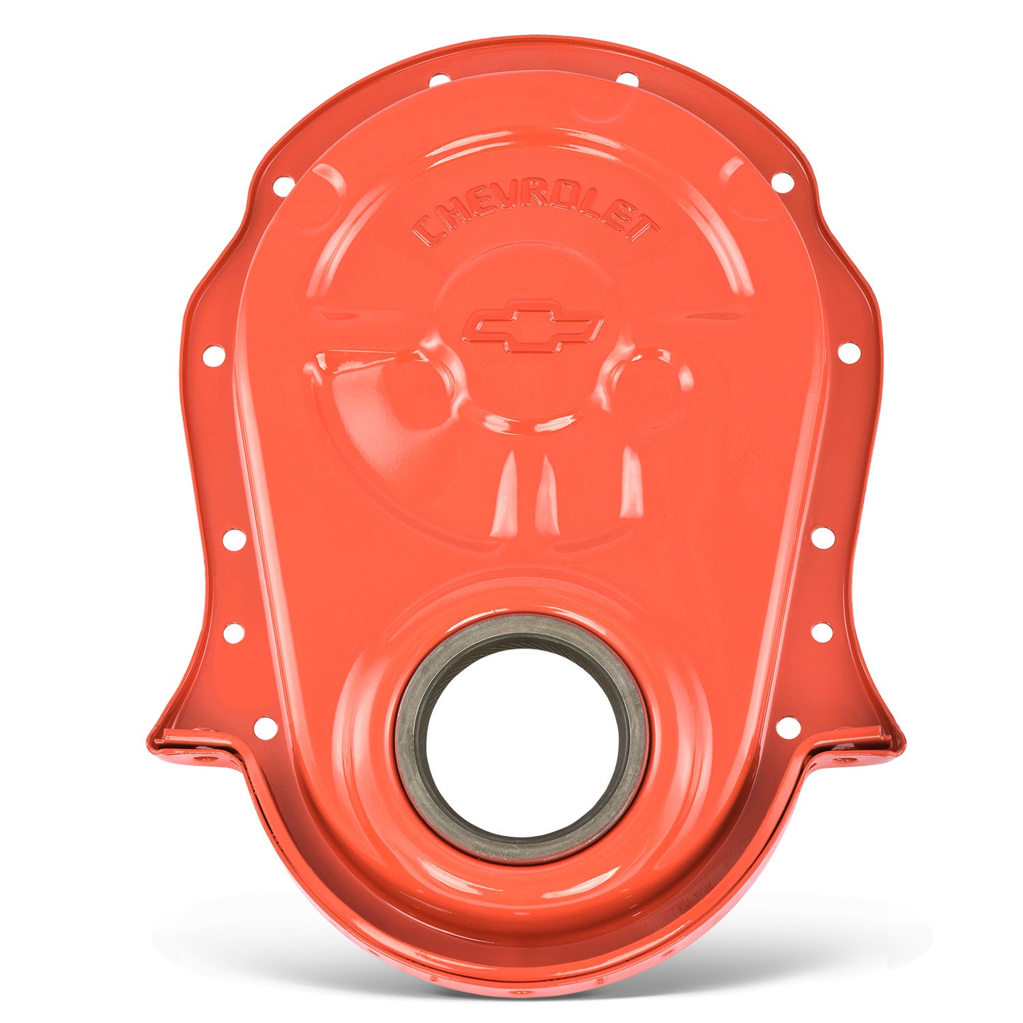 Engine Timing Chain Cover Chevy Orange Steel Chevy/Bowtie Logo Chevy Big Block 396 to 454 V8 Engines 1965 to 1990 Proform Engine Timing Cover ProForm