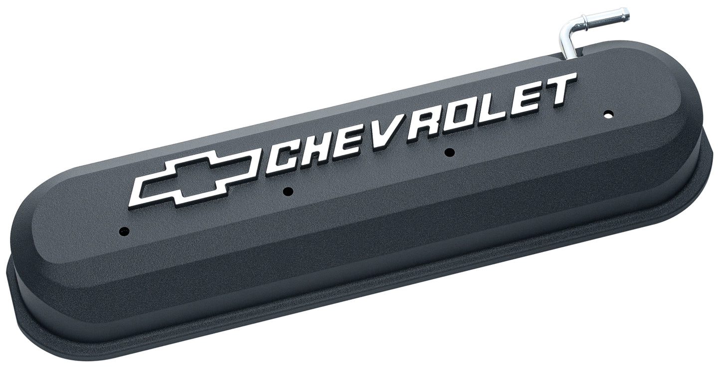 Engine Valve Covers Slant Edge Style Die Cast Black w/Bowtie Logo LS Engines Raised & Milled Chevrolet & Bowtie Logos Chevrolet Performance Parts Engine Valve Cover ProForm