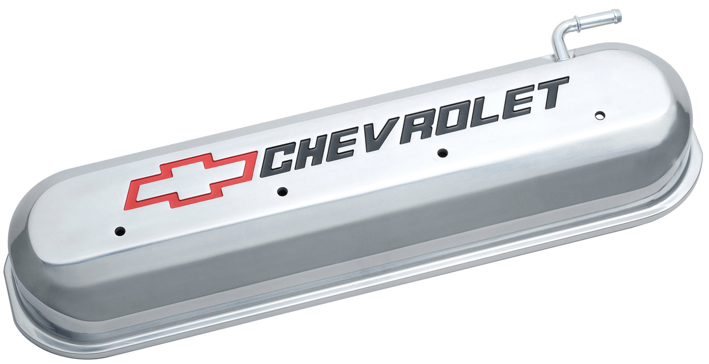 Engine Valve Covers Tall Style Die Cast Polished with Bowtie Logo LS Engines Recessed Black Chevrolet & Red Bowtie Logos Chevrolet Performance Parts Engine Valve Cover ProForm