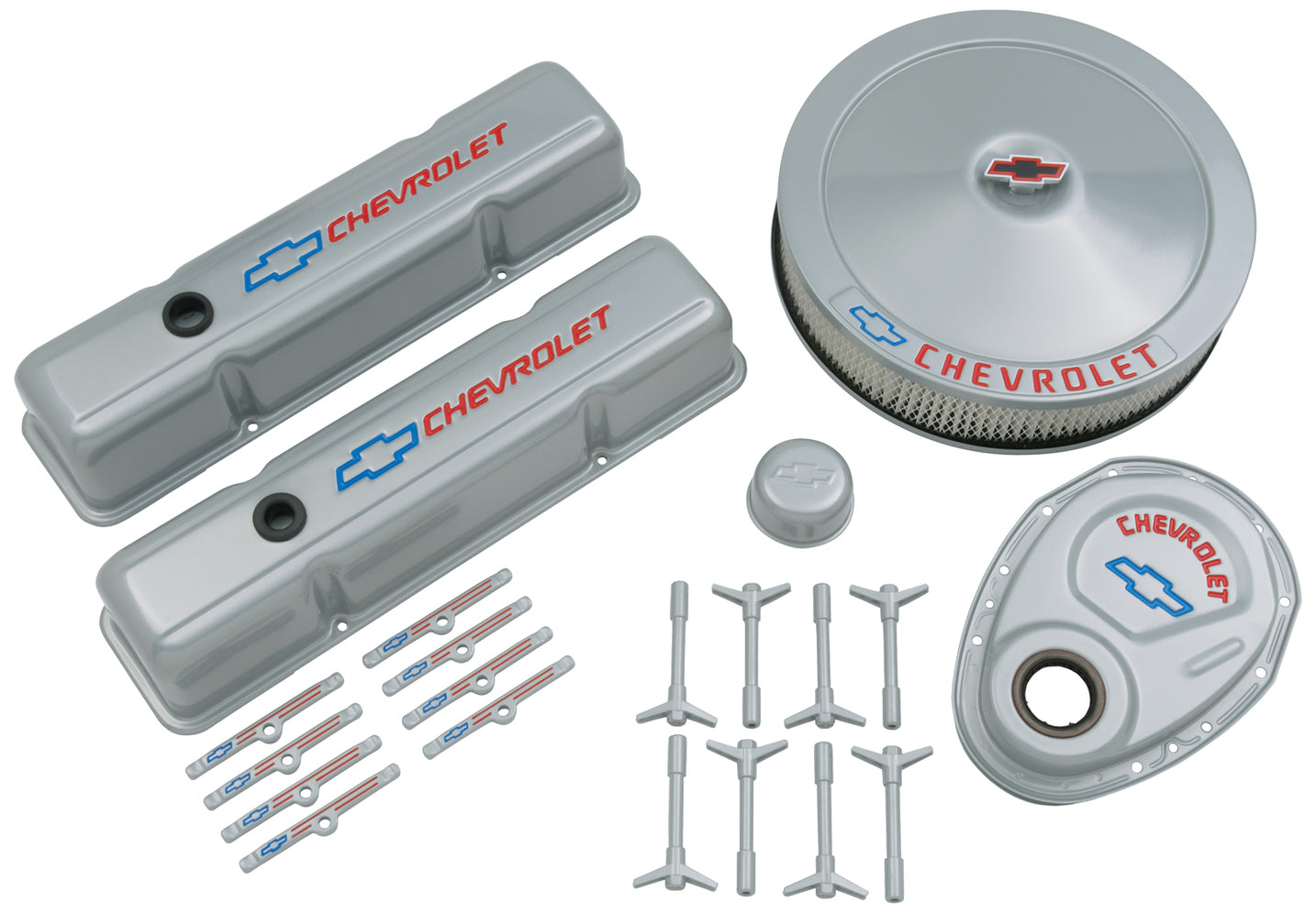 Engine Dress-Up Kit Gray w/Blue Bowtie Logo Fits SB Block Chevy Engines Tall Powdercoat Chevrolet Performance Parts Engine Dress Up Kit ProForm