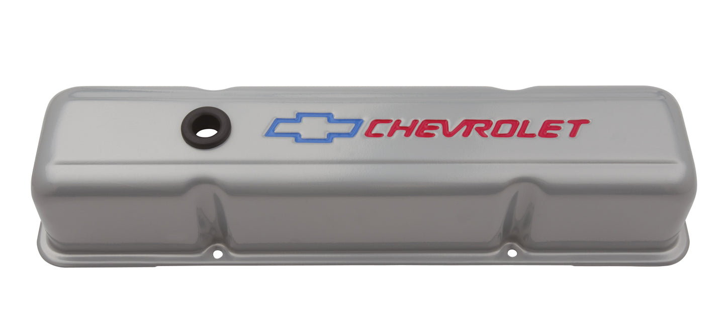 Engine Valve Covers Tall Style Die Cast Gray with Bowtie Logo For SB Chevy Red Chevrolet & Blue Bowtie Logos Chevrolet Performance Parts Engine Valve Cover ProForm