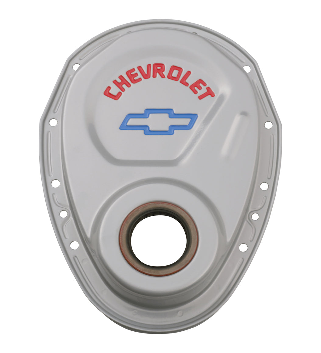 Timing Chain Cover Gray Steel With Chevy and Bowtie Logo For SB Chevy 69-91 Chevrolet Performance Parts Engine Timing Cover ProForm