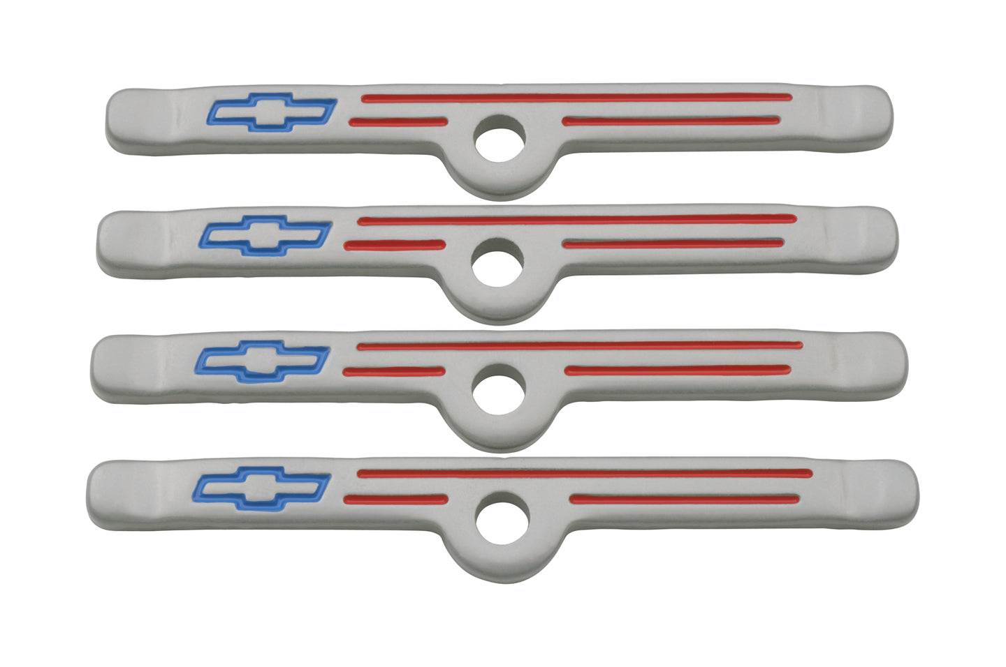 Engine Valve Cover Holdown Clamps Gray with Blue Bowtie Logo SB Chevy 4 Pcs Red Lines & Blue Bowties Chevrolet Performance Parts Engine Valve Cover Hold Down Tab ProForm
