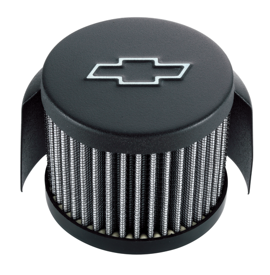 Engine Valve Cover Breather Chevy Logo Push-In Style w/Hood Black Crinkle Chevrolet Performance Parts Engine Crankcase Breather Cap ProForm