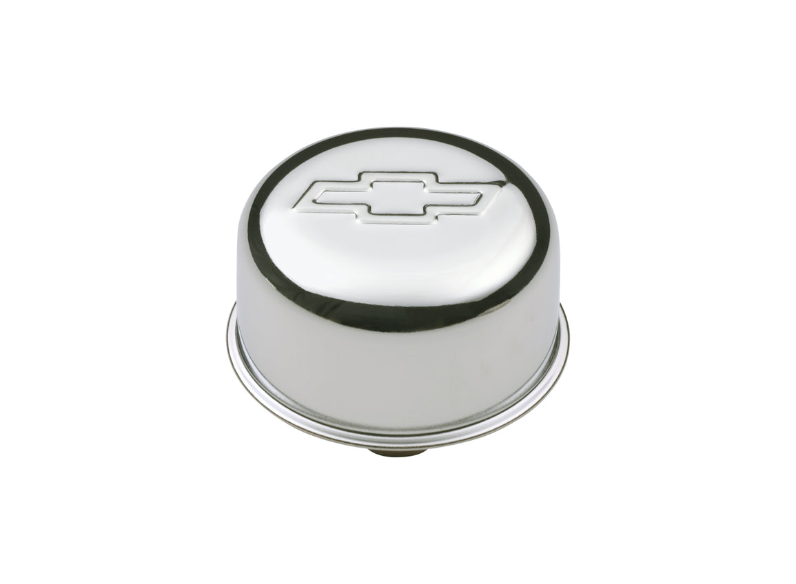 Engine Valve Cover Breather 3 Inch Diameter Chevy Logo Push-In Style Chrome Chevrolet Performance Parts Engine Crankcase Breather Cap ProForm