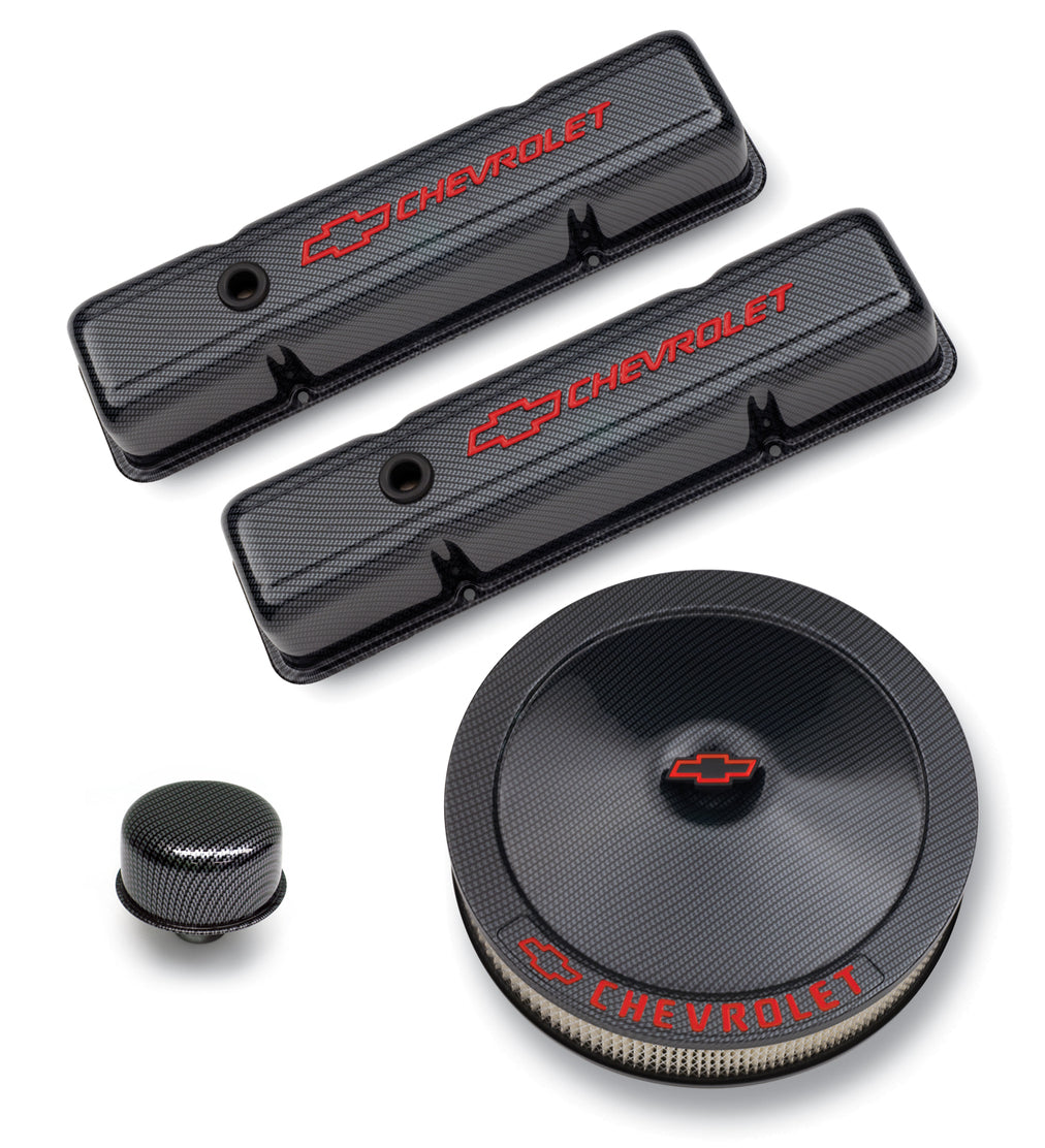 Engine Dress-Up Kit Black Carbon Finish Red Bowtie Red Letters For SB Chevy Tall Wrap Chevrolet Performance Parts Engine Dress Up Kit ProForm