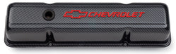 Engine Valve Covers Stamped Steel Tall Carbon w/ Bowtie Logo Fits SB Chevy Embossed Red Chevrolet & Bowtie Logos Chevrolet Performance Parts Engine Valve Cover ProForm