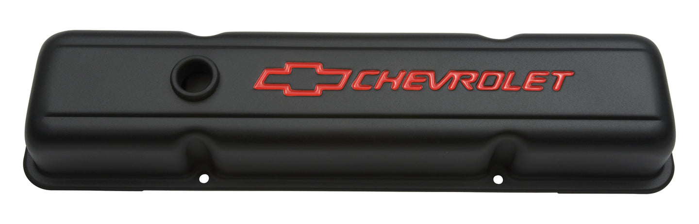 Engine Valve Covers Stamped Steel Short Black w/ Bowtie Logo Fits SB Chevy Embossed Red Chevrolet & Bowtie Logos Chevrolet Performance Parts Engine Valve Cover ProForm