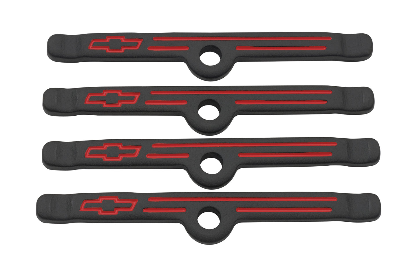 Engine Valve Cover Holdown Clamps Black Crinkle w/Bowtie Logo SB Chevy 4 Pcs Red Lines & Bowties Chevrolet Performance Parts Engine Valve Cover Hold Down Tab ProForm