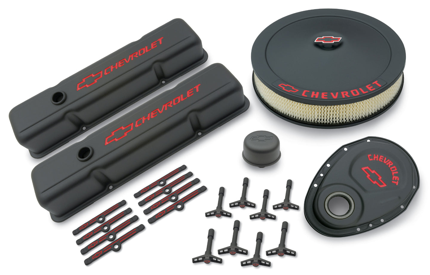 Engine Dress-Up Kit Black Crinkle Finish Red Bowtie Red Letters For SB Chevy Tall Painted Chevrolet Performance Parts Engine Dress Up Kit ProForm