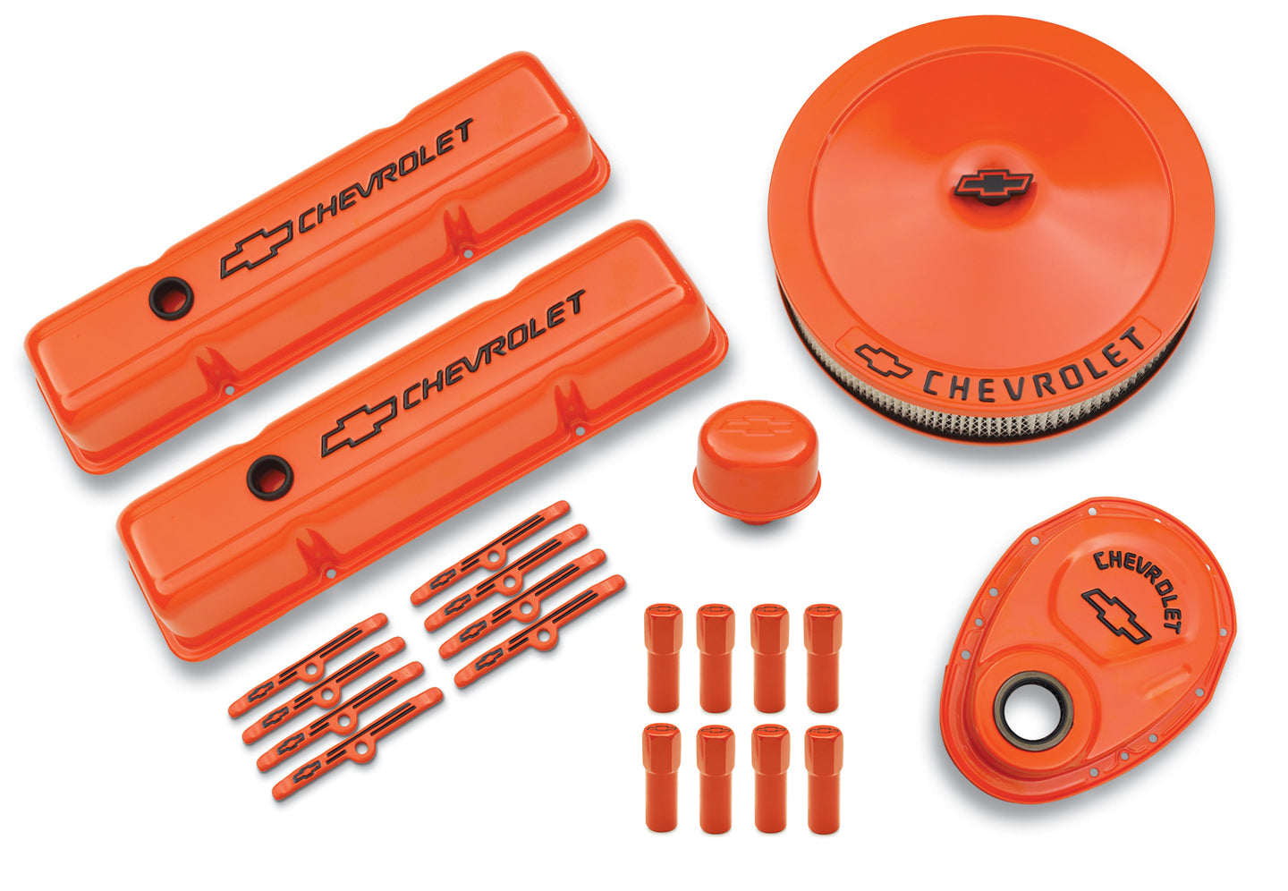 Engine Dress-Up Kit Orange w/Black Bowtie Logo Fits SB Block Chevy Engines Tall Powdercoat Chevrolet Performance Parts Engine Dress Up Kit ProForm