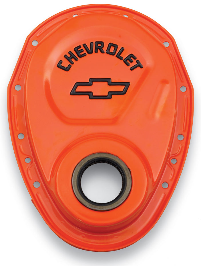 Timing Chain Cover Orange Steel With Chevy Bowtie Logo SB Chevy 69-91 Chevrolet Performance Parts Engine Timing Cover ProForm