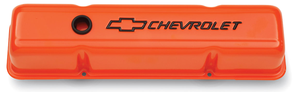 Engine Valve Covers Stamped Steel Tall Orange w/ Bowtie Logo Fits SB Chevy Black Chevrolet & Bowtie Logos Chevrolet Performance Parts Engine Valve Cover ProForm