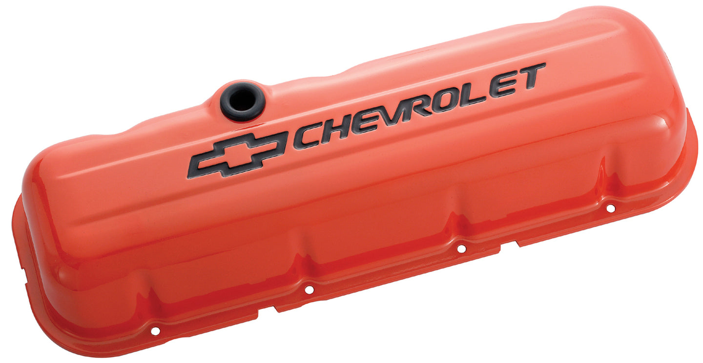 Engine Valve Covers Stamped Steel Tall Orange w/ Bowtie Logo Fits BB Chevy Black Chevrolet & Bowtie Logos Chevrolet Performance Parts Engine Valve Cover ProForm