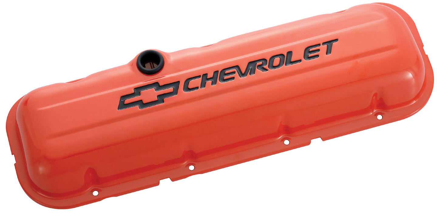 Engine Valve Covers Stamped Steel Short Orange w/ Bowtie Logo Fits BB Chevy Black Chevrolet & Bowtie Logos Chevrolet Performance Parts Engine Valve Cover ProForm