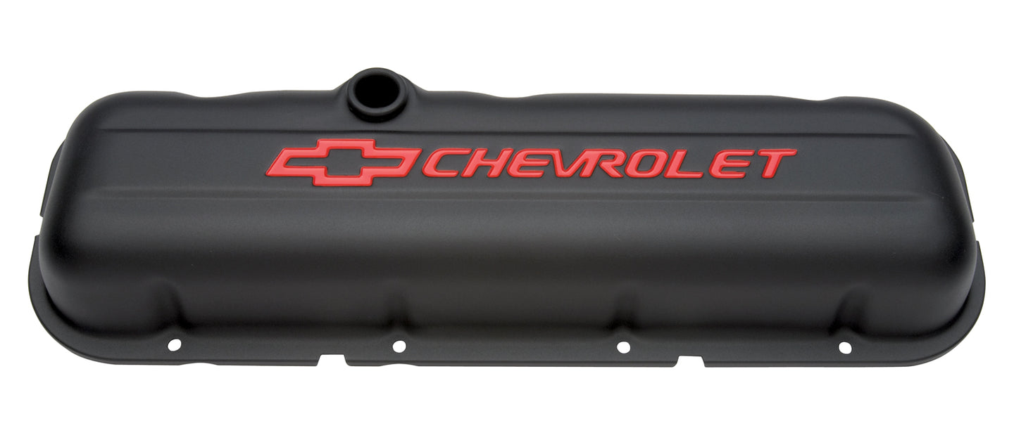 Engine Valve Covers Stamped Steel Short Black w/ Bowtie Logo Fits BB Chevy Embossed Red Chevrolet & Bowtie Logos Chevrolet Performance Parts Engine Valve Cover ProForm