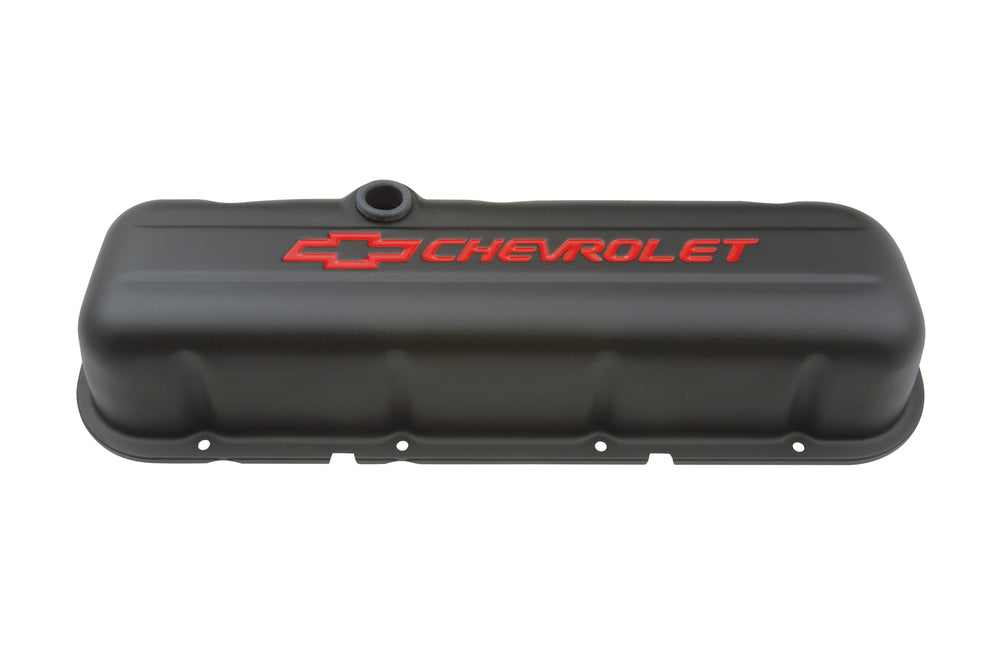 Engine Valve Covers Stamped Steel Tall Black w/ Bowtie Logo Fits BB Chevy Embossed Red Chevrolet & Bowtie Logos Chevrolet Performance Parts Engine Valve Cover ProForm