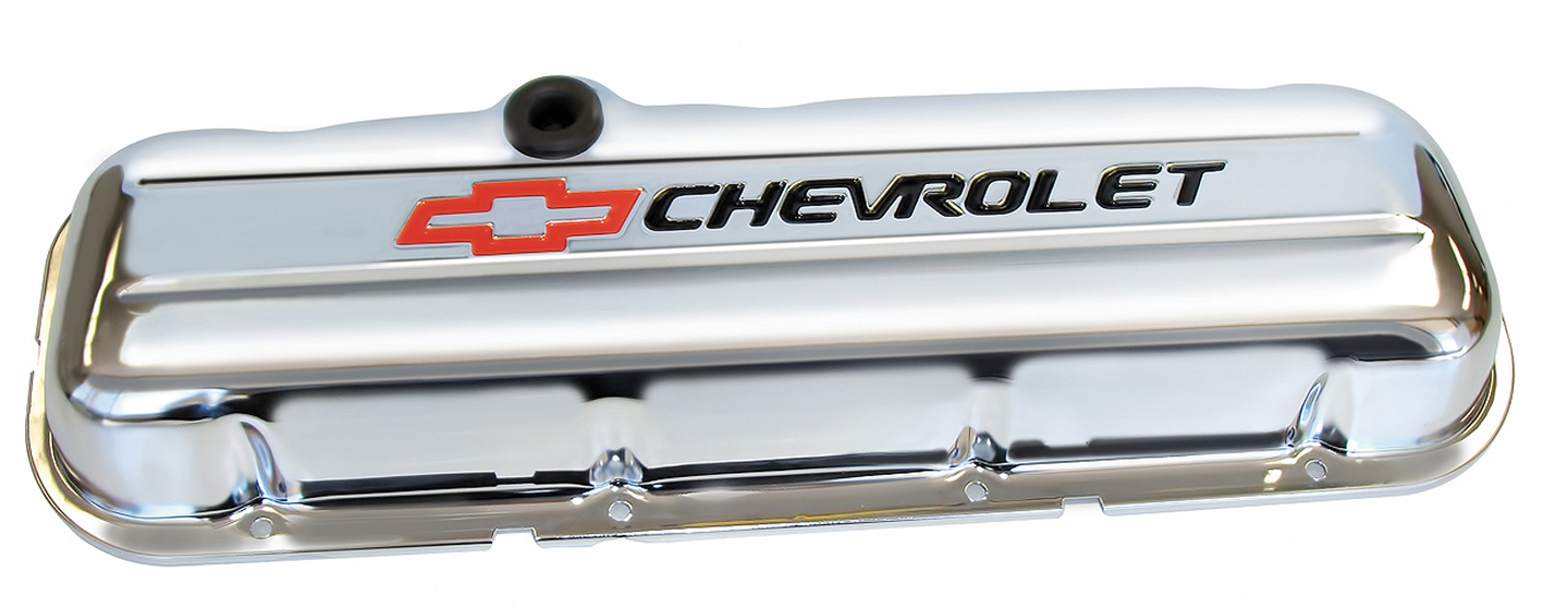 Engine Valve Covers Stamped Steel Short Chrome w/ Bowtie Logo Fits BB Chevy Embossed Black Chevrolet & Red Bowtie Logos Chevrolet Performance Parts Engine Valve Cover ProForm