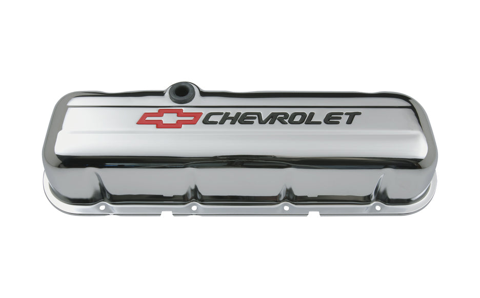 Engine Valve Covers Stamped Steel Tall Chrome w/ Bowtie Logo Fits BB Chevy Embossed Black Chevrolet & Red Bowtie Logos Chevrolet Performance Parts Engine Valve Cover ProForm