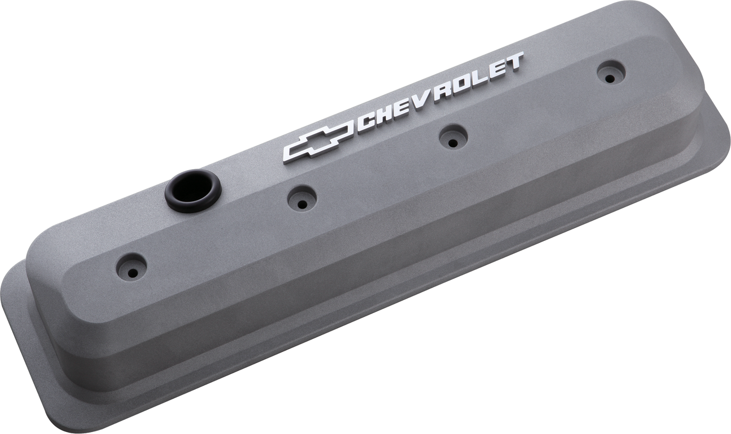 Valve Covers SBC 87-Pres LS Ctr Bolt Tall Alum Cast Gray Raised Emblems Raised Chevrolet & Bowtie Logos Chevrolet Performance Parts Engine Valve Cover ProForm