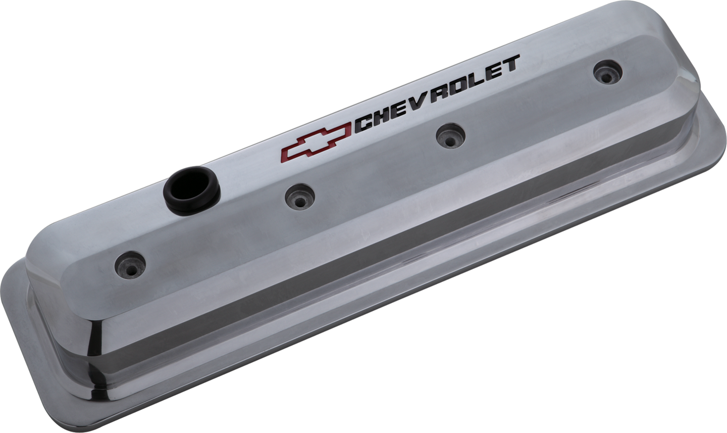 Valve Covers SBC 87-Pres LS Ctr Bolt Tall Alum Polished Recessed Emblems Recessed Black Chevrolet & Red Bowtie Logos Chevrolet Performance Parts Engine Valve Cover ProForm