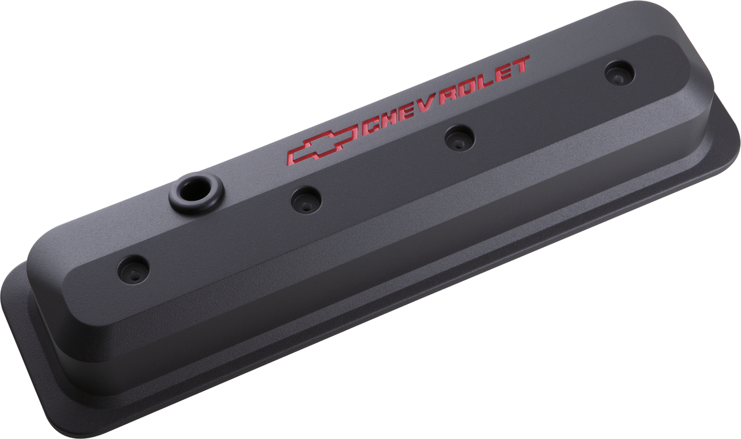 Valve Covers SBC 87-Pres LS Ctr Bolt Tall Alum Black Crinkle Rec Emblems Recessed Red Chevrolet & Bowtie Logos Chevrolet Performance Parts Engine Valve Cover ProForm