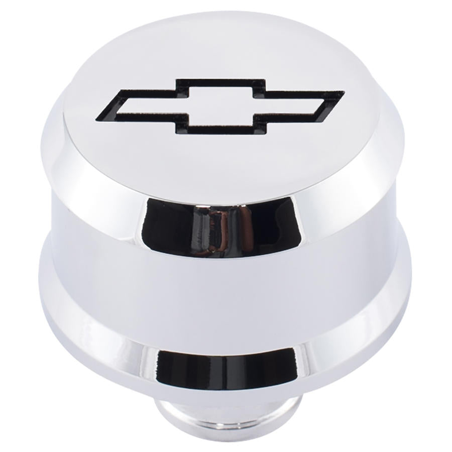 Slant-Edge Aluminum Push-In Air Breather Cap Chrome Finish Recessed Black Bowtie Emblem Proform Engine Crankcase Breather Cap ProForm