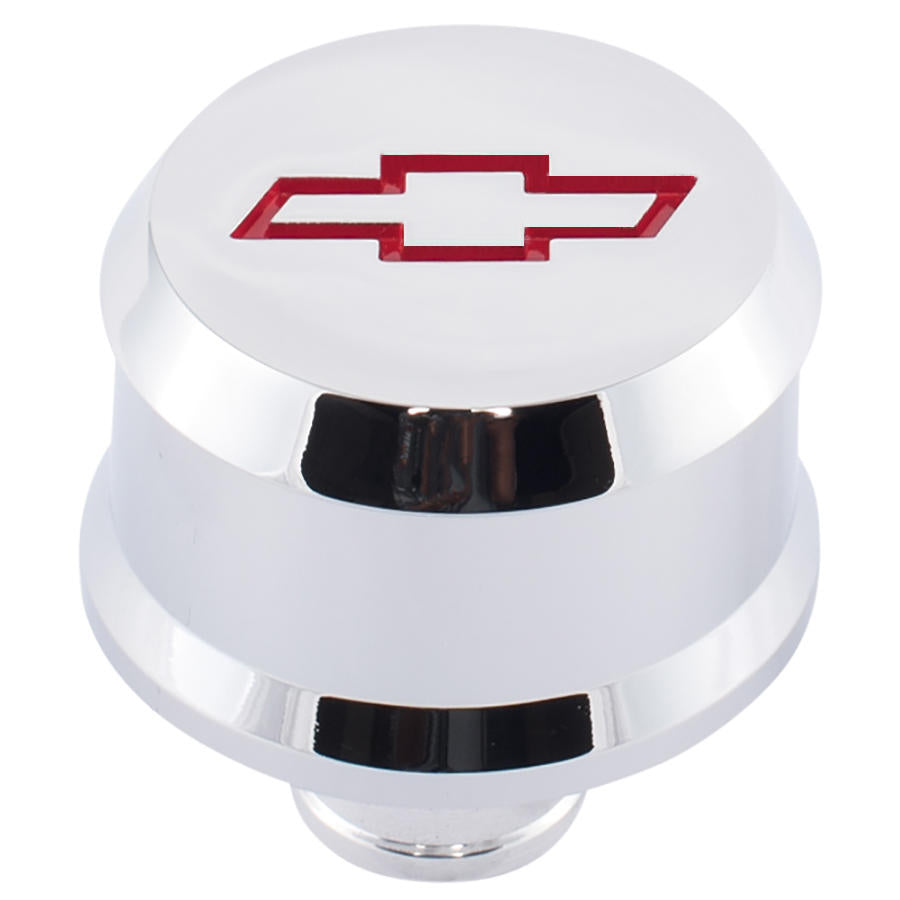 Slant-Edge Aluminum Push-In Air Breather Cap Chrome Finish Recessed Red Bowtie Emblem Proform Engine Crankcase Breather Cap ProForm