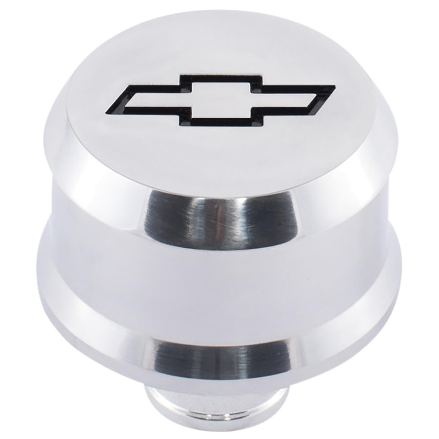 Slant-Edge Aluminum Push-In Air Breather Cap Polished Finish Recessed Black Bowtie Emblem Proform Engine Crankcase Breather Cap ProForm